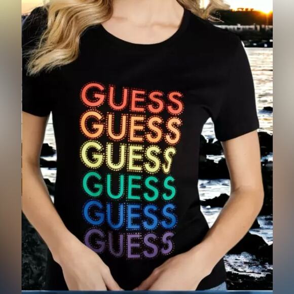 GUESS BLACK GILLIAN T SHIRT Women’s RHINESTONES SHORT SLEEVE PRIDE COLOR Size M - Picture 1 of 5